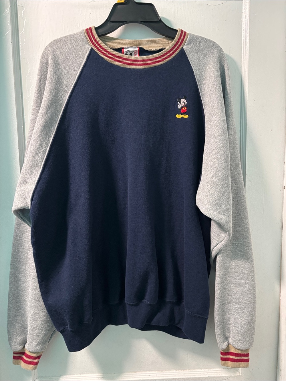 Disney Navy Crewneck Sweatshirt with Gray Raglan Sleeves and Red-Trim Collar